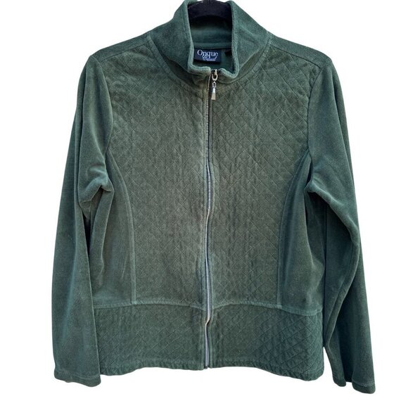 Onque Casual Vintage Womens Green Quilted Front Velour High Collar Zip Jacket M - Picture 1 of 9